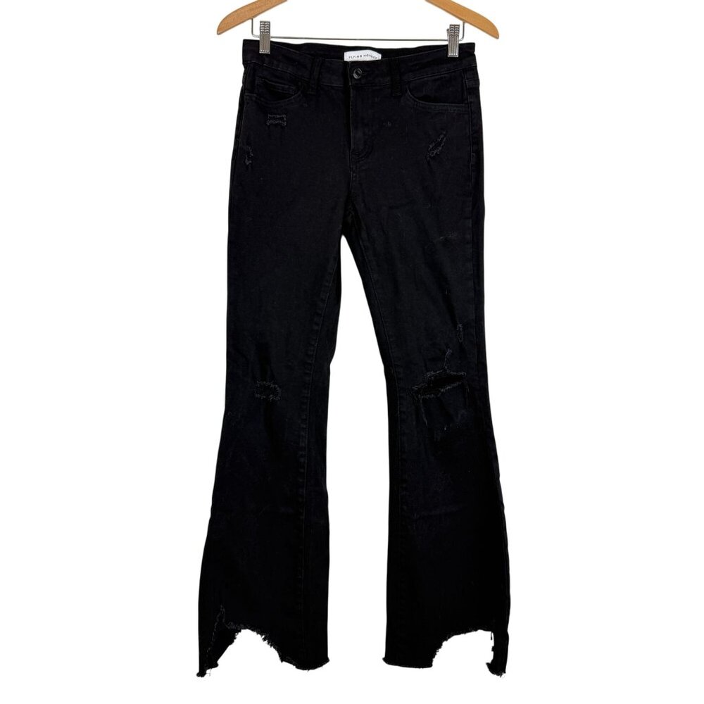 Flying Monkey Women's Mid Rise Flare Jeans Size 27 Black Raw Hem Distressed